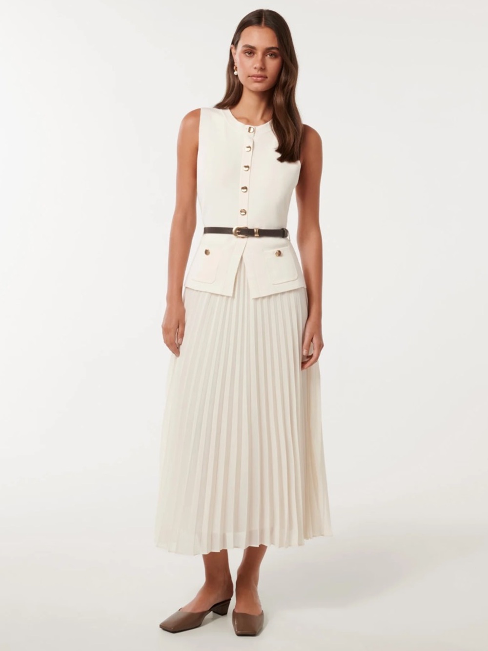Ever New Ivory Daphne Waistcoat Pleated Midi Belt Dress (Size 2)